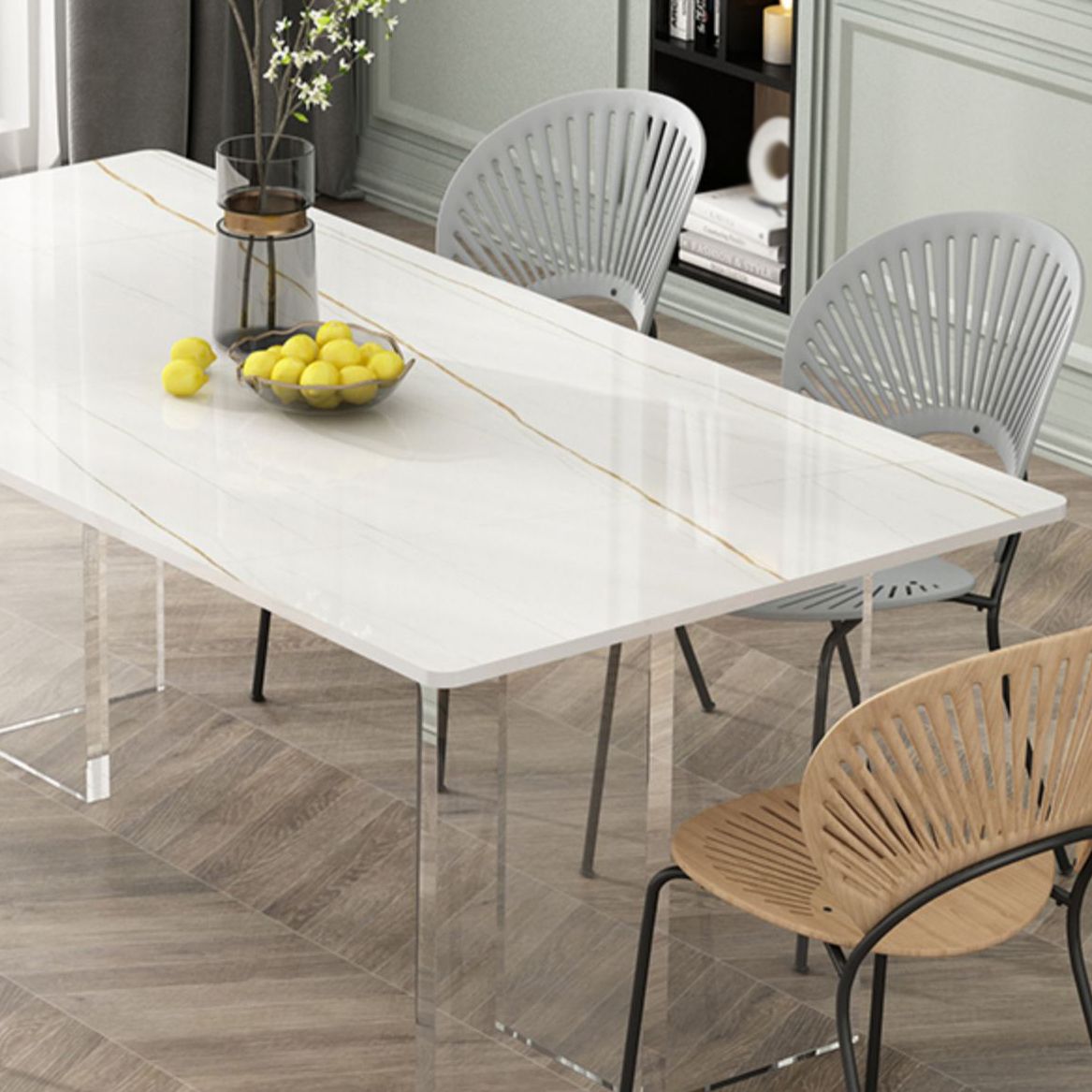 Modern Stone Top Dining Table Rectangle Acrylic Base Counter Dining Table