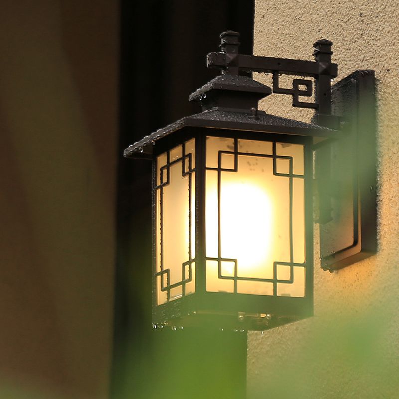 Coffee Finish 1-Bulb Sconce Lamp Traditional Frosted Glass Rectangle Wall Light for Outdoor