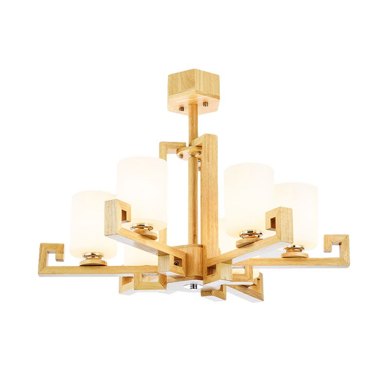 6 têtes salle à manger plafonnier lustre modernisme kit de lampe suspendue beige avec cylindre une nuance en verre blanc