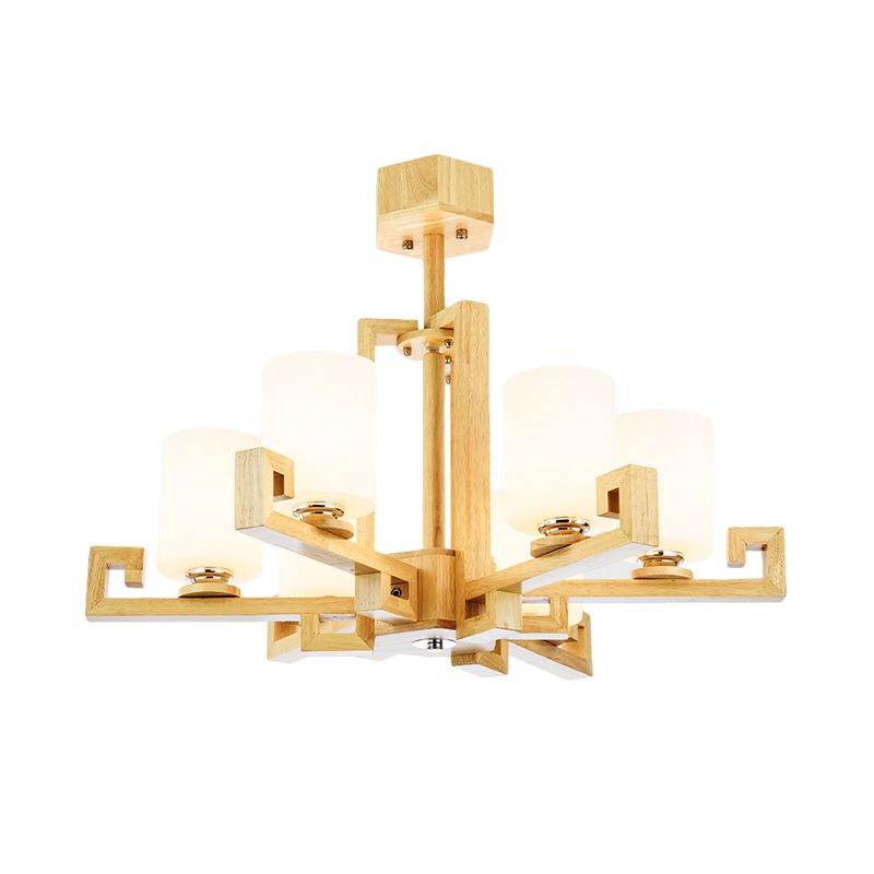 6 Heads Dining Room Ceiling Chandelier Modernism Beige Hanging Lamp Kit with Cylinder White Glass Shade