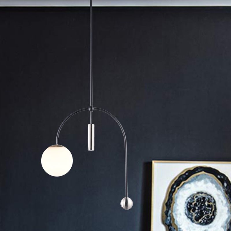 White Glass Spherical Hanging Pendant Light Simplicity 1 Head Black Finish Ceiling Lamp for Kitchen