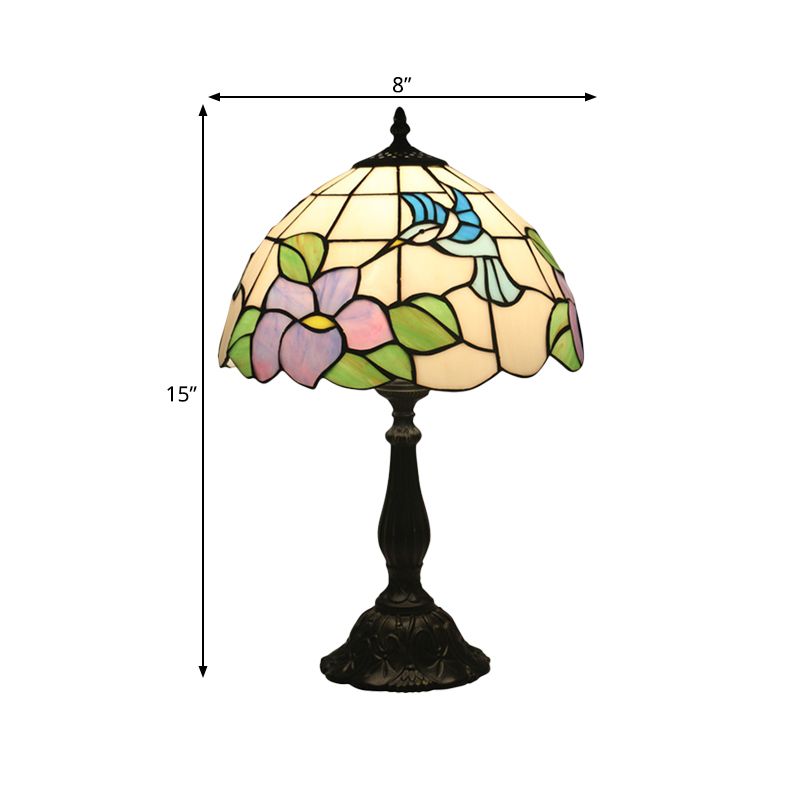 Bird et fleur léger 1 tête en vitrail Baroque Table Lampe en bronze avec ombre de bol
