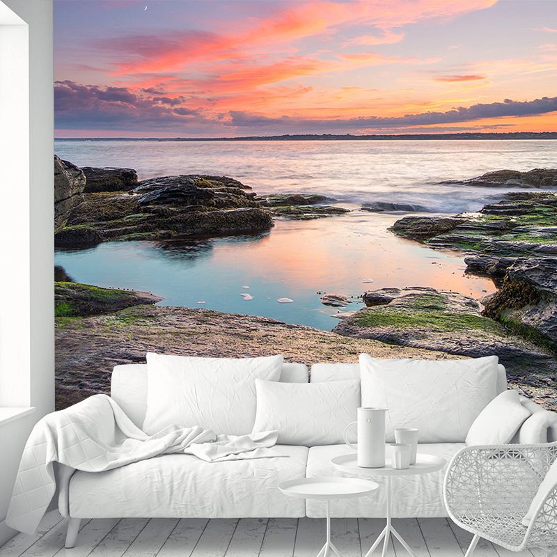 Sunset River Shore Scene Mural Decal Modern Non-Woven Material Wall Decor in Orange