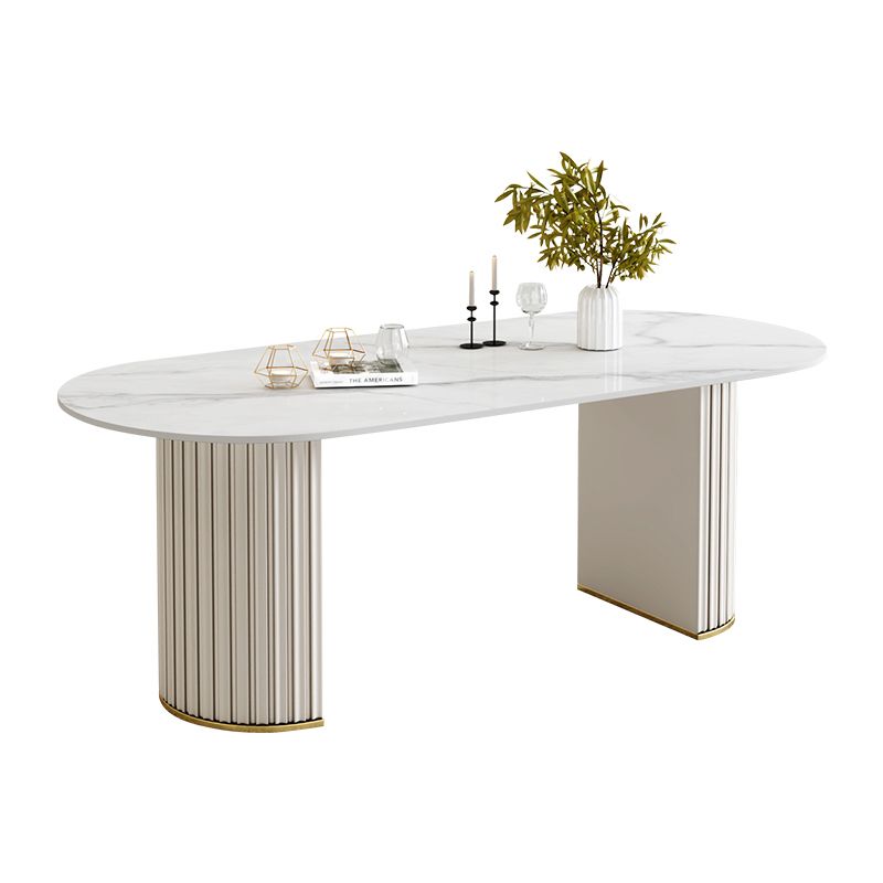 Simple Oval Dining Room Table Sintered Stone Top Double Pedestal Table