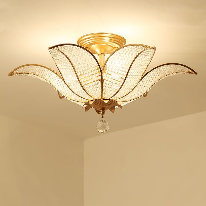 6-Licht-Wohnzimmer Decke Flush Mount zeitgenössische goldene Halbflush-Halterung Beleuchtung mit blühender klarer Kristallglasschatten