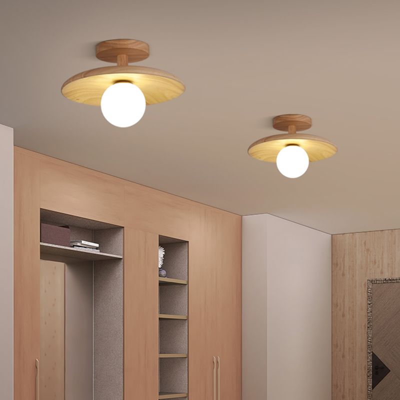 Contemporary Globe Flush Light Fixture Wood 1 Light Flush Mount Ceiling Light in Brown