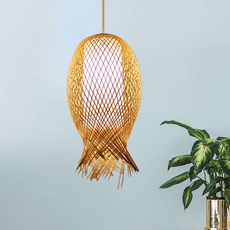 Barrel Suspension Pendant Retro Bamboo 1 Bulb Wood Hanging Light Kit with Inner Cylindrical White Shade