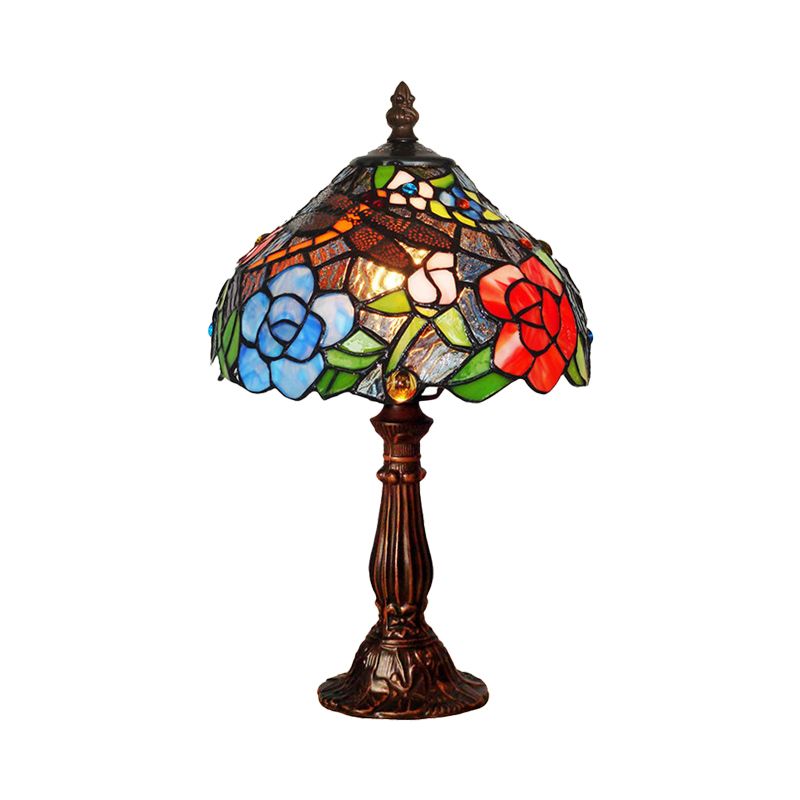 1-Light Peony Patterned Table Lighting Tiffany Bronze Stained Glass Night Stand Lamp
