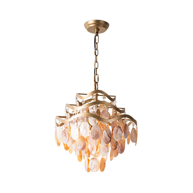 Modern Fountain Chandelier Lamp Shell 4 Heads Ceiling Pendant Light in Beige for Living Room