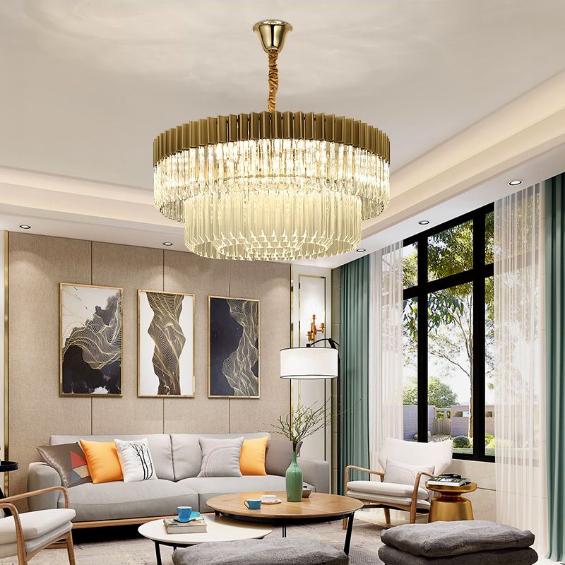 Brass 2 Tiers Chandelier Pendant Light Modernism 6 Heads Crystal Hanging Lamp for Living Room