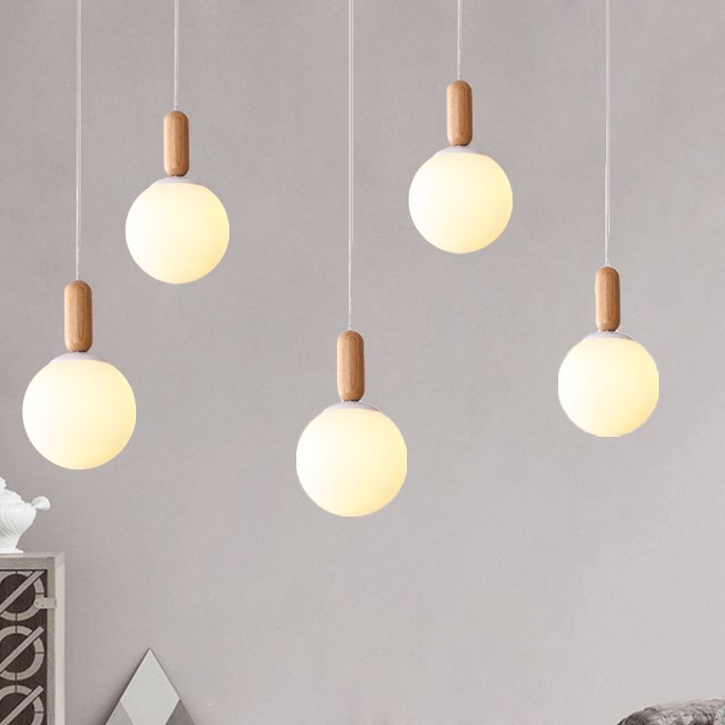 Sphere Kitchen Pendant Lighting White/Cognac Glass 1 Light Minimalist Hanging Lamp with Capsule Wood Grip