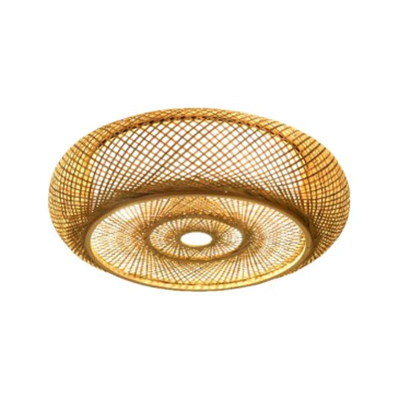 Modern Flush Mount Ceiling Light Beige Drum Close to Ceiling Fixture with Bamboo Shade