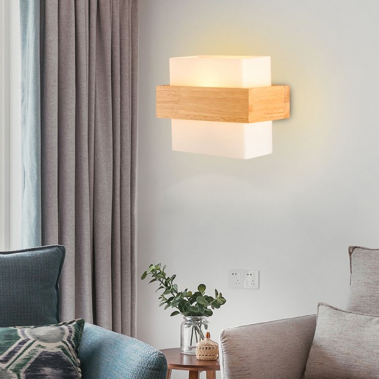 8.6" Wide Rectangular Modern Style Wall Lamp Simplicity Wooden Bedroom Sconces Light with White Glass Shade