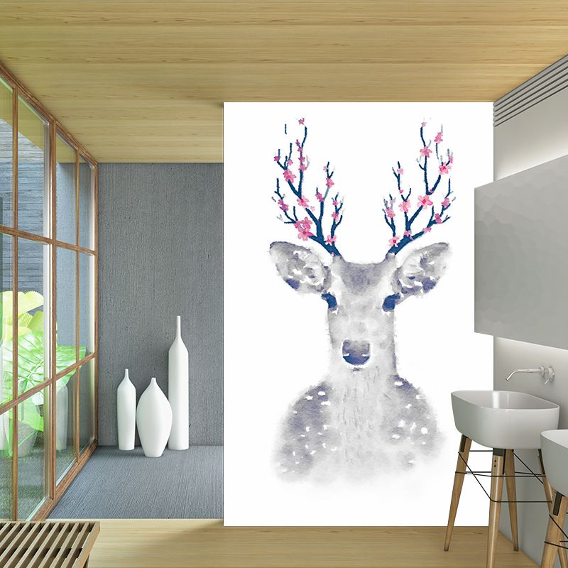 Full-Size Animal Wall Murals for Accent Wall Sika Deer Wall Covering in Grey, Washable