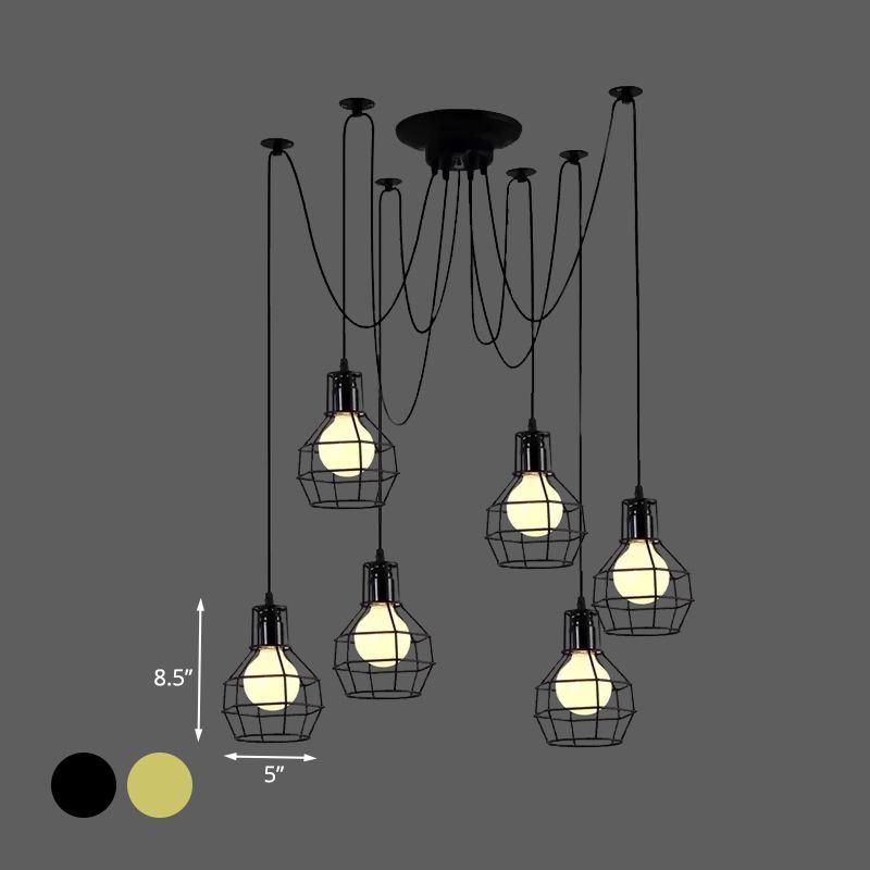 6 Bulbs Spider Pendant Hanging Light with Wire Guard Industrial Style Black/Gold Iron Ceiling Lamp for Dining Room