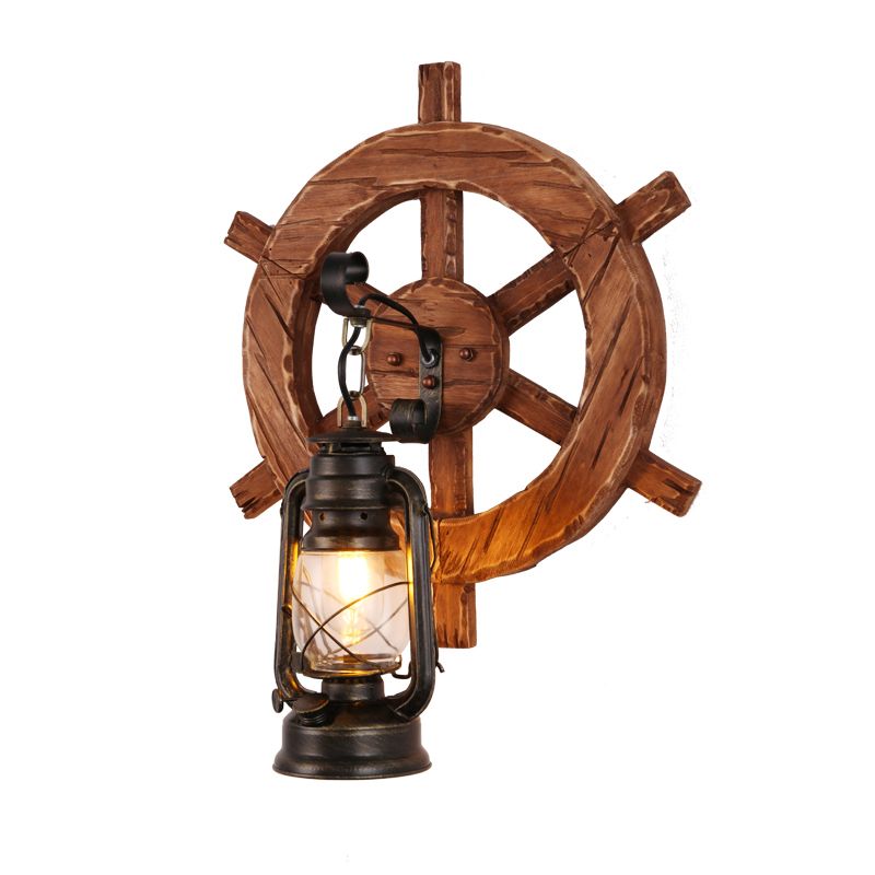 1 Bulb Kerosene Wall Mount Lamp Industrial Brown Clear Glass Wall Light Fixture with Wood Backplate
