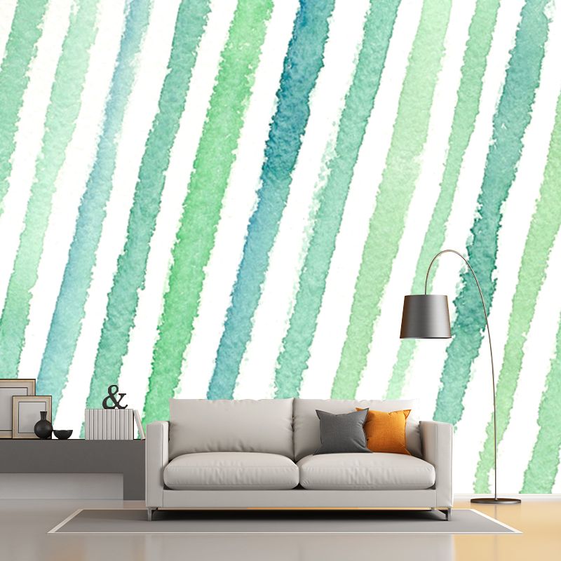 Green Watercolor Striped Mural Wallpaper Moisture Resistant Wall Art for Living Room