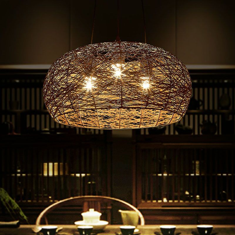 Dome Shade Restaurant Chandelier Light Rattan 3 Heads Chinese Pendant Light Fixture