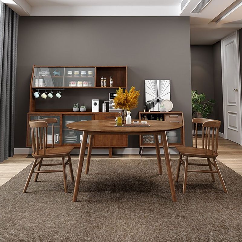 Round Dining Table Modern 4 Legs Wood Color Fixed Table of Solid Wood