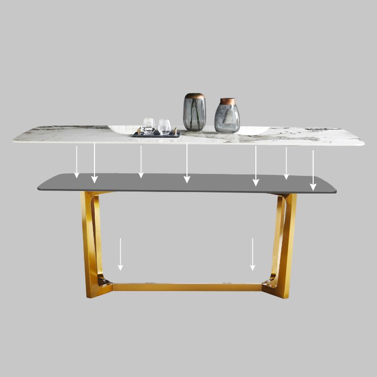 Rectangle Traditional Luxury Dining Table White Sintered Stone Table with Gold Trestle Base