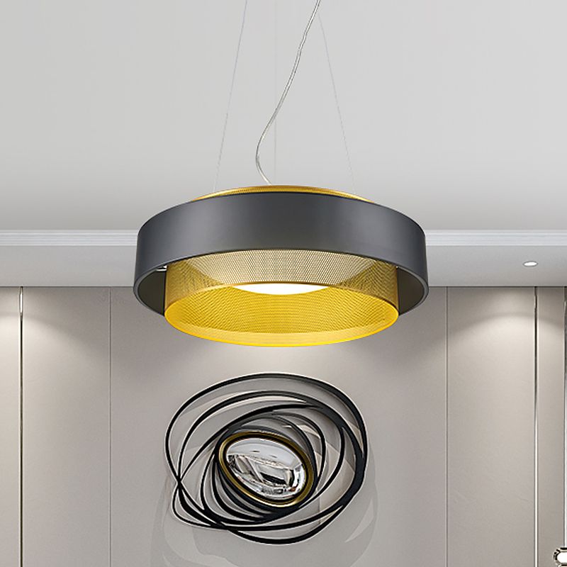 Metal 2 Layers Circle Hanging Light Modern White/Black-Gold 15"/18" Wide LED Drop Pendant with Mesh Screen and Acrylic Diffuser
