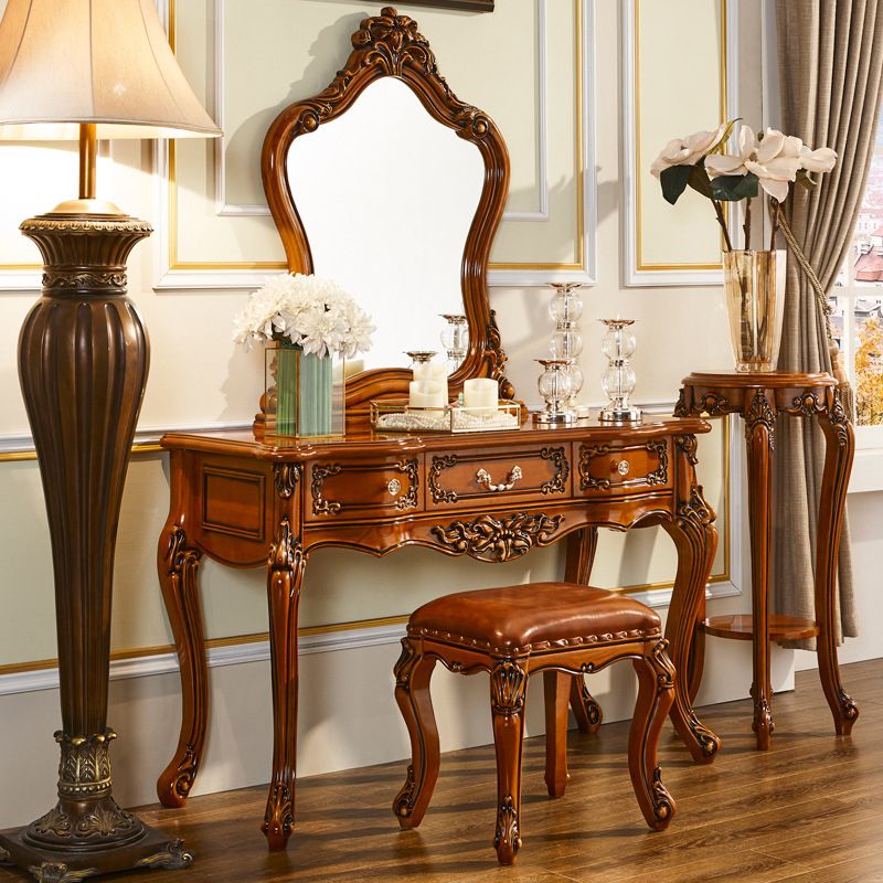 17.71" Wide Brown Vanity Set with Mirror Wood Vanity Tables with 3 Storage Drawers