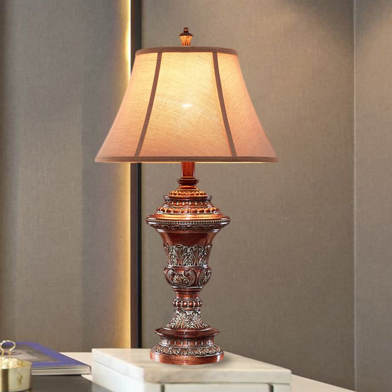 Vintage Style Bell Shade Nightstand Lamp 1 Bulb Fabric Desk Light in Red Brown with Urn-Shaped Base, 25"/29.5" H