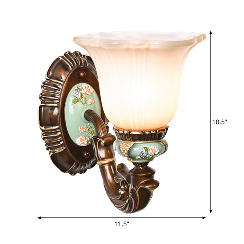 Frosted Glass Brown Wall Light Ridged Bell 1/2-Bulb Rural Wall Sconce Lighting for Guest Room