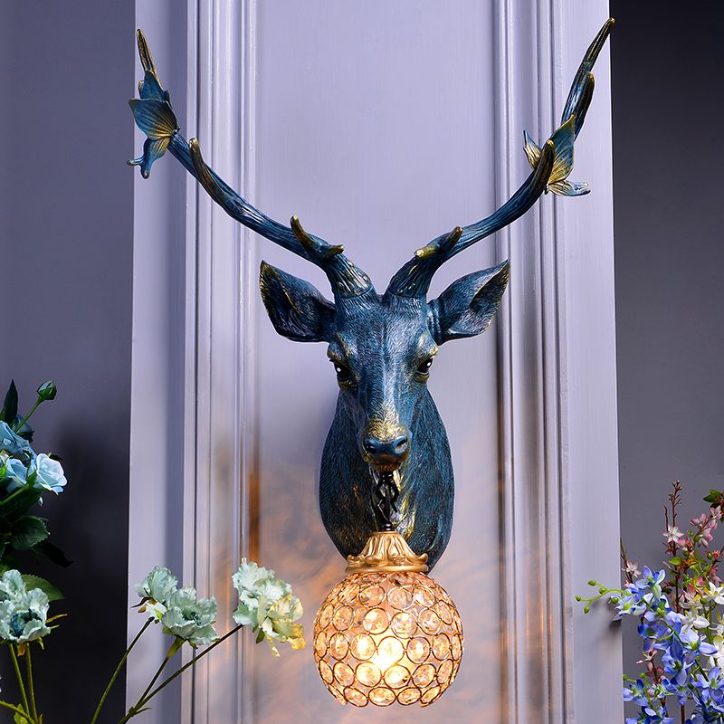 Cabezal de ciervos Resina Diconce Lámpara Vintage Single Bulb Interior Mural Lámpara Montada en azul/blanco/madera con sombra de cristal de globo
