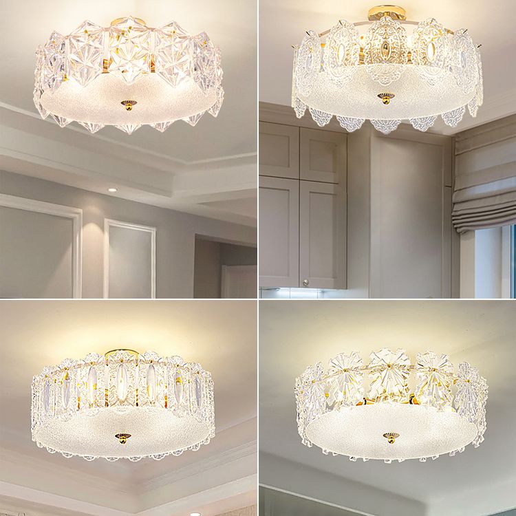 Trommel slaapkamer semi-flush lamp traditionele multi-head gouden plafondverlichting met glazen schaduw