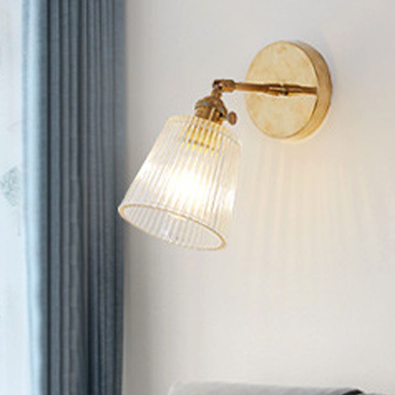 1 Light Clear Ribbed Glass Wall Sconce Light Industrial Brass Cone Living Room Lighting Fixture