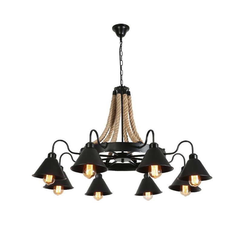 Conical Chandelier Light Industrial Black Iron Suspension Lighting with Wheel and Hemp Decoration