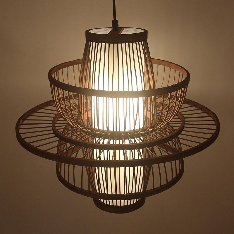 Coffee Finish Cage Hanging Lamp Contemporary Single-Bulb Bamboo Suspension Light