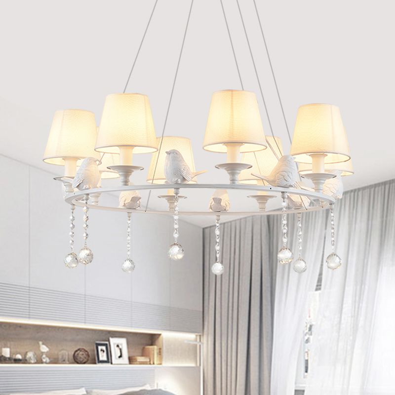 8 luci a sospensione Lumo classico tessuto cono lampadario appeso in bianco per camera da letto con drappeggio cristallino