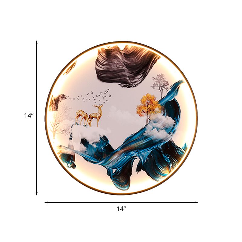 Chinese Birds/Elk Design Wall Art Metal Living Room LED Mural Wall Mount Lighting in Black
