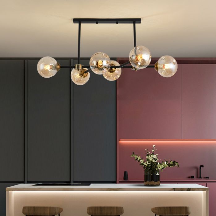 Luce di isola a 6 luci nere in moderno stile a sospensione in ferro battuto in stile creativo con tonalità di vetro