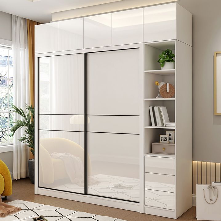 White Mirrored Finish Wardrobe Cabinet Modern Engineered Wood Wardrobe
