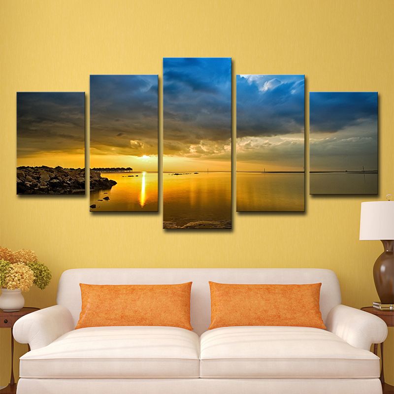 Modern Canvas Print Yellow River with Rock Shore at Sunset Scenery Wall Art