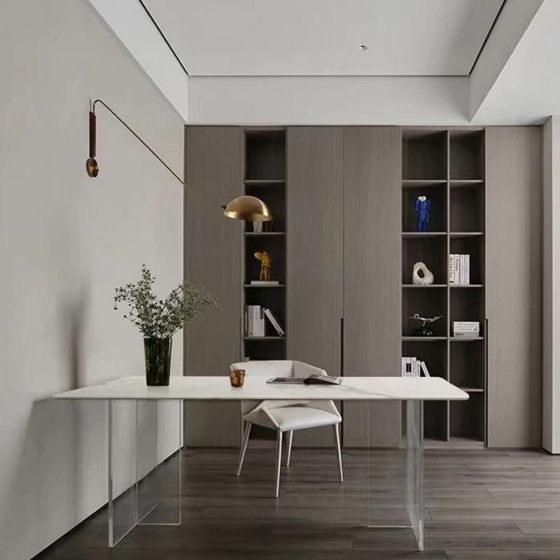 Rectangular Stone Dining Table Modern White Furniture with Acrylic Double Pedestal