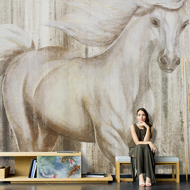 Giant Horse Mural Wallpaper in Grey and Yellow for Coffee Shop, Water-Resistant