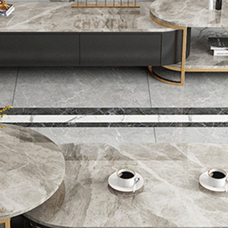 White Glam Pedestal Base Coffee Table with Stone Top and Metal Base