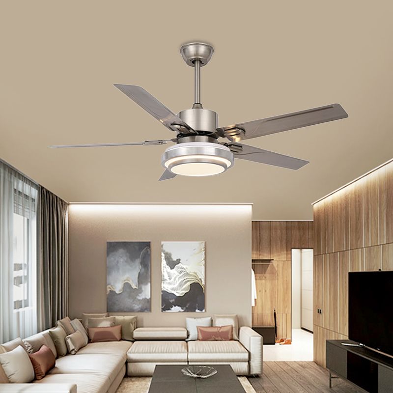 Luz de ventilador colgante de círculo metálico Modernismo 48 "W LED LED SEMI FLUSH LAMP en níquel con 5 cuchillas plateadas, conversión de frecuencia/general