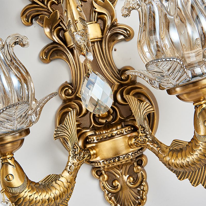 3 Heads Living Room Wall Light Vintage Brass Sconce Light Fixture with Flower Clear Glass Shade