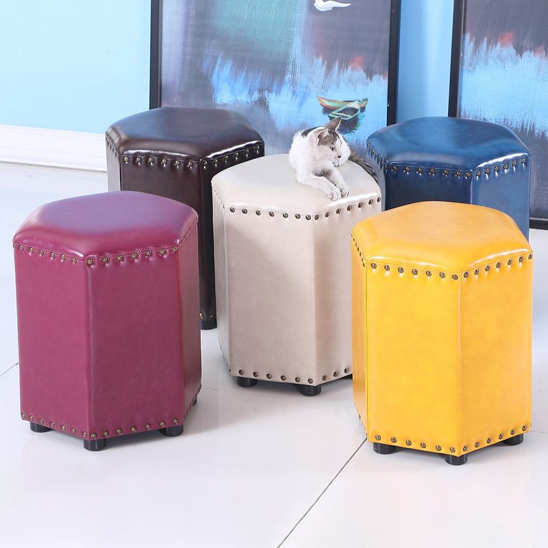 Modern Hexagon Pouf Ottoman Plain Leather Chair Ottoman With Nailhead Trim