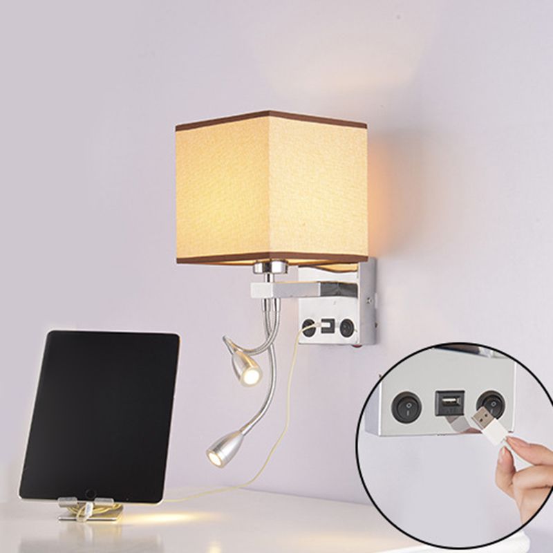 Modern Metal Wall Sconce Square Shape Wall Light with Fabric Shade for Bedroom