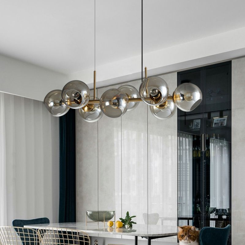 8 Light Mid-Century Gold Metal Island Pendant Lighting Spherical Glass Island Ceiling Light for Dining Table