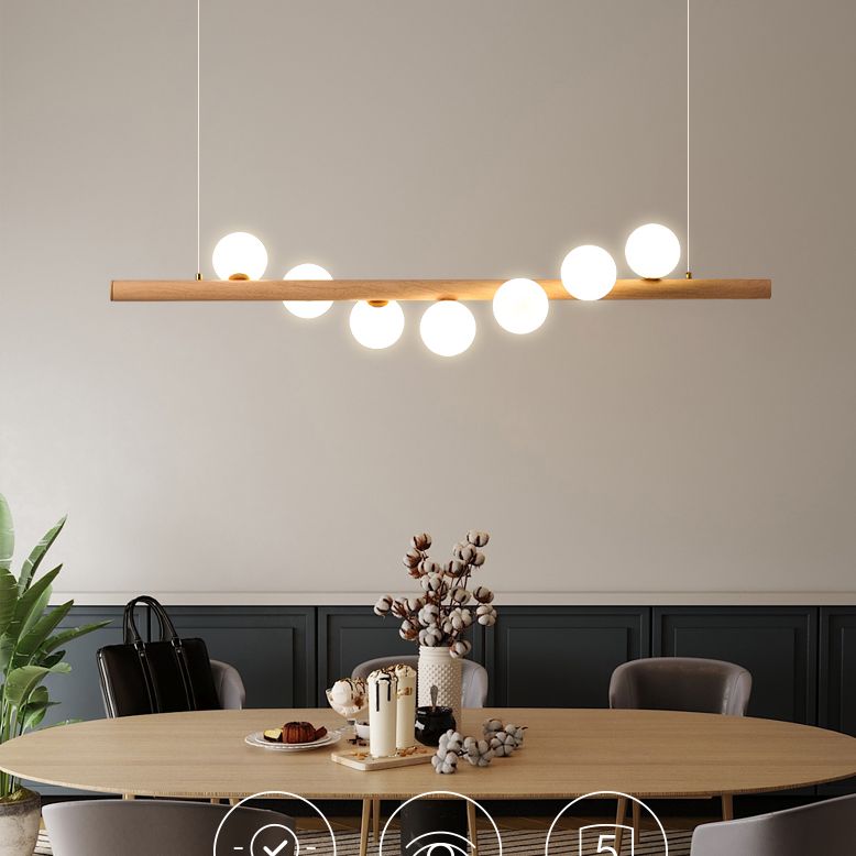 Faux Wood Design Modern Island Light White Glass Ball Shade Modern Hanging Lamp for Restaurants