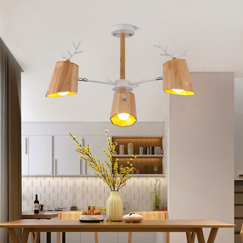 Nordic Beveled Hanging Light Wood 3/8 Heads Dining Room Chandelier Light Fixture in Beige