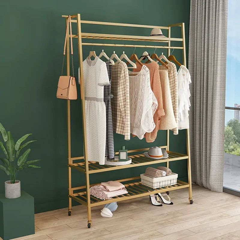 Contemporary Style Open Armoire Gold Metal Armoire with Clothing Rod