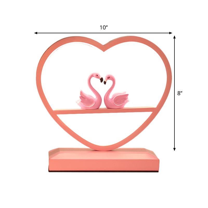 Nordic Loving Heart Night Lamp Metallic Sleeping Room LED Table Light with Swans Deco in Pink